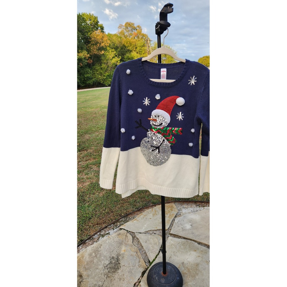 Holiday Time Navy Color Block Snowman Christmas Sweater Womens Large 12-14